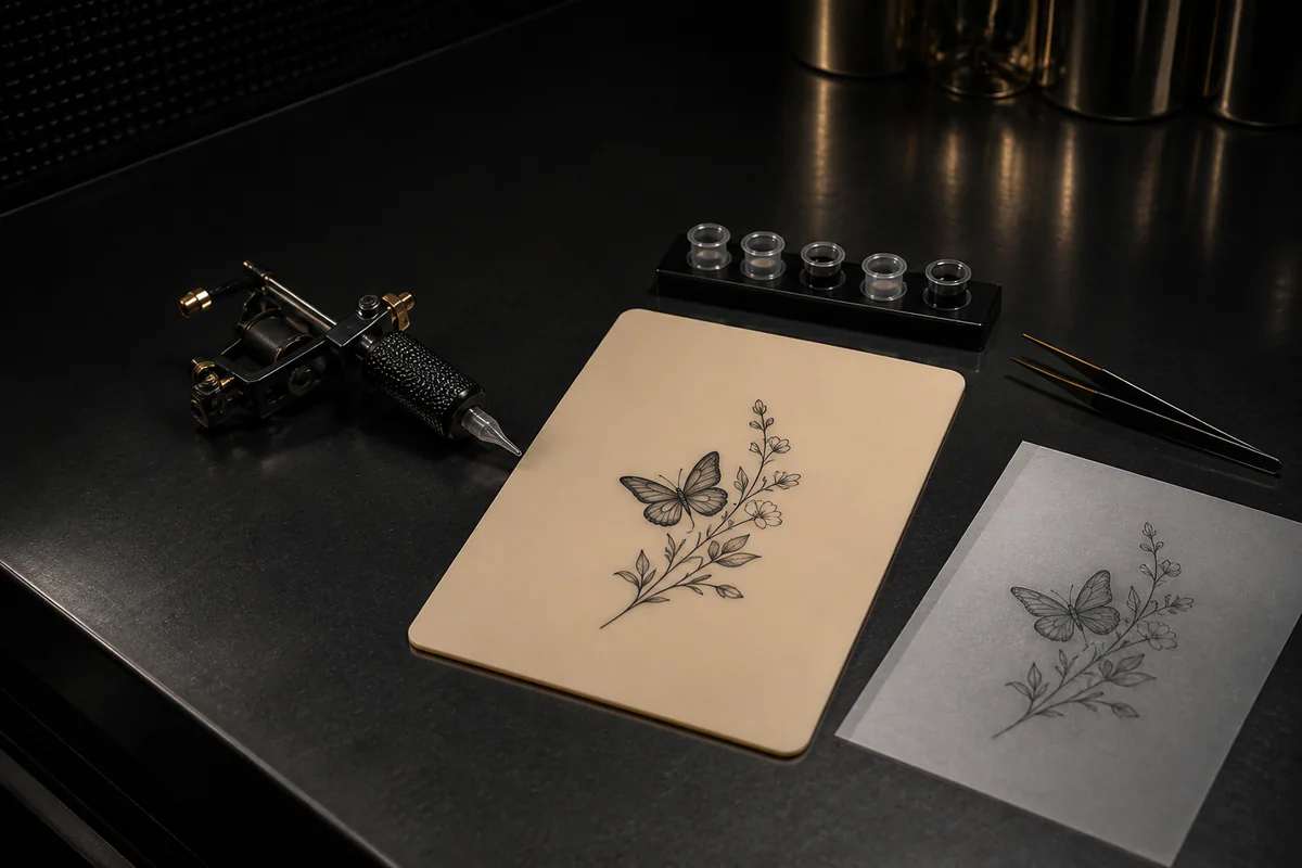 Finished practice-skin artwork with tattoo tools