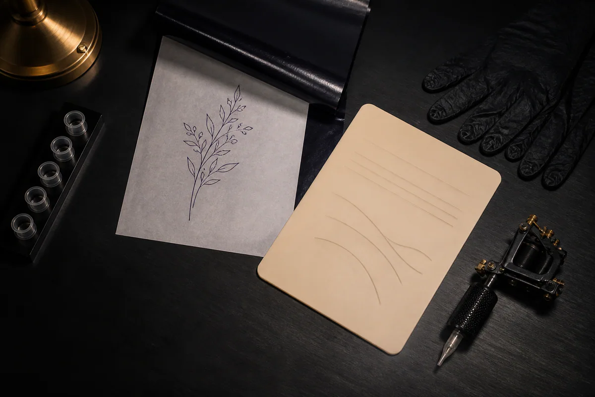 Stencil paper, practice skin and tattoo line-practice tools